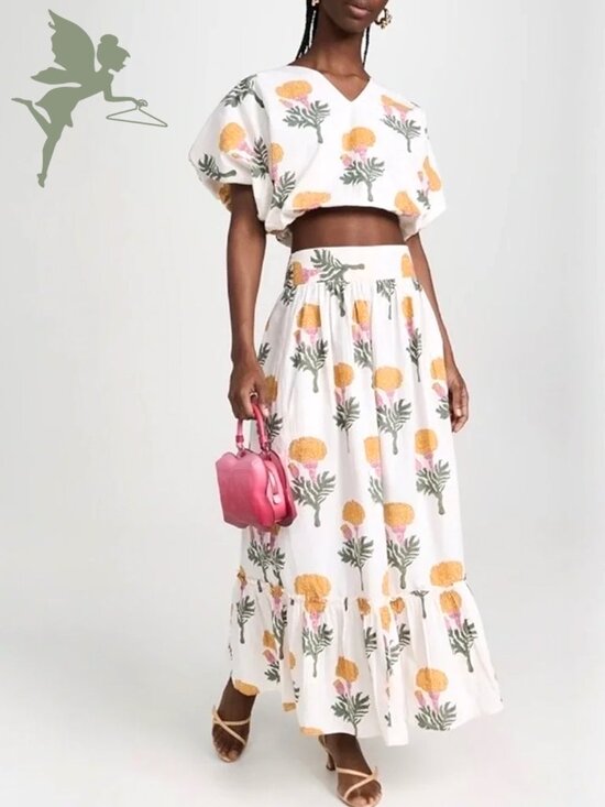 Marea By Liz Joy Dresses & Skirts - MAREA Dandelion Cotton Block Print Tiered Maxi Skirt